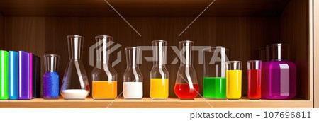 Lab theme with lab glassware filled colorful liquid and transparent empty podium on gradient background. Science laboratory research and development concept. AI Lab theme with lab glassware filled colorful liquid and transparent empty podium on gradient background. Science laboratory research and development concept. AI 107696811