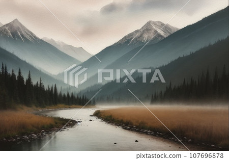 Travel landscape with a large river running among forested hills and mountains at sunrise. Beautiful places of untouched nature. Morning scene from national park, natural reserve. AI Travel landscape with a large river running among forested hills and mountains at sunrise. Beautiful places of untouched nature. Morning scene from national park, natural reserve. AI 107696878