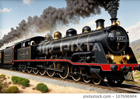 Old vintage steam train on the rail road. Steam, smoke covering the train. Retro steam train departs from the railway station. AI Old vintage steam train on the rail road. Steam, smoke covering the train. Retro steam train departs from the railway station. AI 107696904