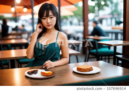 Young woman sitting at cafe terrace at hot summer day. Beautiful businesswoman enjoying warm evening at afterwork restaurant. Happy smiling alone lady.. AI Young woman sitting at cafe terrace at hot summer day. Beautiful businesswoman enjoying warm evening at afterwork restaurant. Happy smiling alone lady.. AI 107696914