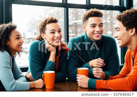 Diverse students young people sitting in row near window talking spending time with soulmates or friends in cozy cafeteria during lunch, speed dating couple. Free time weekend activities concept. AI 107696927