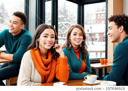 Diverse students young people sitting in row near window talking spending time with soulmates or friends in cozy cafeteria during lunch, speed dating couple. Free time weekend activities concept. AI 107696928