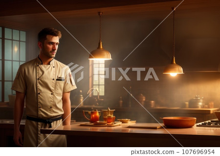 Portrait of smiling professional handsome asian man chef look at camera cooking and preparing food on counter standing in the restaurant commercial kitchen. AI 107696954
