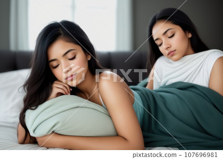 Calm millennial female sleep peacefully on soft pillow in cozy bed, peaceful young woman take a nap relax on white sheets in home or hotel bedroom, relaxation concept. AI 107696981