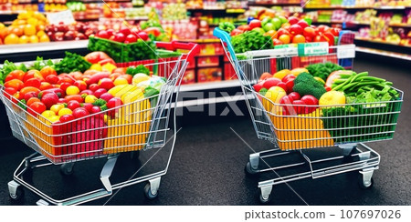 Supermarket shopping cart with groceries in grocery store with shelves in dark background. Full of groceries shopping cart inside a mall. AI 107697026