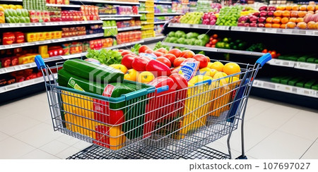 Supermarket shopping cart with groceries in grocery store with shelves in dark background. Full of groceries shopping cart inside a mall. AI 107697027