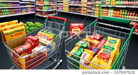 Supermarket shopping cart with groceries in grocery store with shelves in dark background. Full of groceries shopping cart inside a mall. AI 107697028