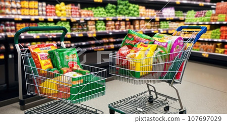 Supermarket shopping cart with groceries in grocery store with shelves in dark background. Full of groceries shopping cart inside a mall. AI 107697029