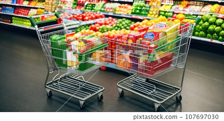 Supermarket shopping cart with groceries in grocery store with shelves in dark background. Full of groceries shopping cart inside a mall. AI 107697030