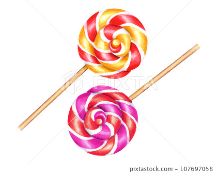 Spiral lollipops, circle candies. Bonbons with striped swirls, sugar caramel on stick. Watercolor illustration. Delicious ornament for stationery, candy shop, store Spiral lollipops, circle candies. Bonbons with striped swirls, sugar caramel on stick. Watercolor illustration. Delicious ornament for stationery, candy shop, store 107697058