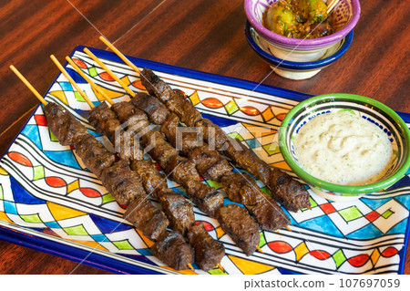 Moroccan Beef Kebab on Skewers, Traditional Arabian Food, Mutton Shashlik, Skewered Grilled Veal Meat 107697059