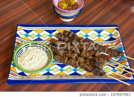 Moroccan Beef Kebab on Skewers, Traditional Arabian Food, Mutton Shashlik, Skewered Grilled Veal Meat 107697061