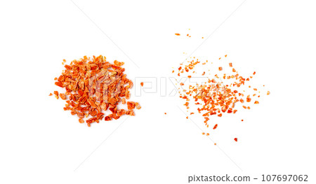 Dried Chopped Carrots Isolated on White Top View 107697062
