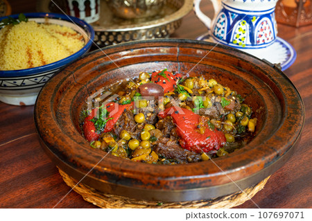Moroccan Tajine Meat Stew, Traditional Morocco Tagine, Arabic Marqa, Moroccan Lamb Tagine Food Dish 107697071