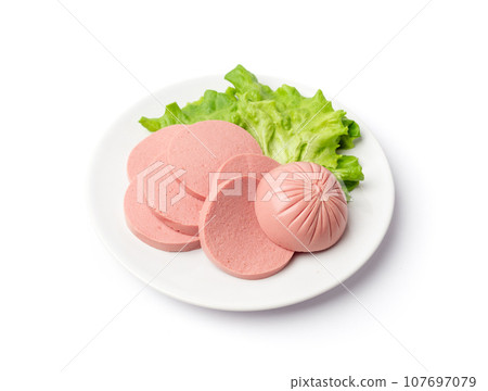 Mortadella Slice Isolated, Luncheon Meat Cut, Chicken Ham, Boiled Sausage for Breakfast Mortadella Slice Isolated, Luncheon Meat Cut, Chicken Ham, Boiled Sausage for Breakfast 107697079