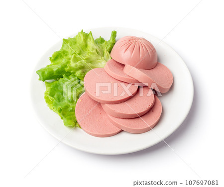 Mortadella Slice Isolated, Luncheon Meat Cut, Chicken Ham, Boiled Sausage for Breakfast Mortadella Slice Isolated, Luncheon Meat Cut, Chicken Ham, Boiled Sausage for Breakfast 107697081