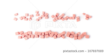 Diced Mortadella Slice Isolated, Luncheon Meat Cut, Chicken Ham Cubes, Boiled Sausage for Breakfast Diced Mortadella Slice Isolated, Luncheon Meat Cut, Chicken Ham Cubes, Boiled Sausage for Breakfast 107697089
