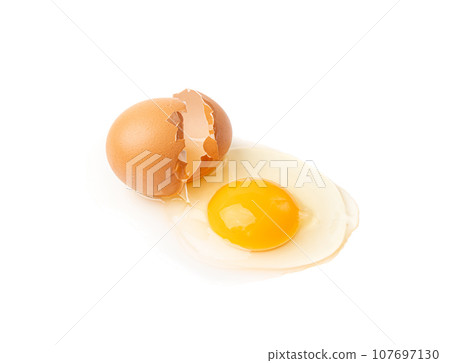 Broken Egg Isolated, Raw Yolk and White, Cracked Brown Shell, Fresh Broken Chicken Eggs on White Background 107697130