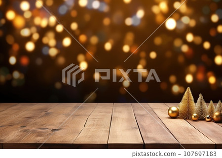 Empty wooden table with Christmas tree in background, perfect for showcasing your products or designs. Empty wooden table with Christmas tree in background, perfect for showcasing your products or designs. 107697183