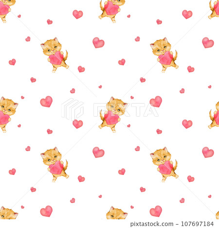 Seamless pattern watercolor red kitten and red heart. A pink heart in the paws of a cat. A postcard with a gray fluffy cat for Valentine's Day. Hand drawing illustration on isolate white background. Seamless pattern watercolor red kitten and red heart. A pink heart in the paws of a cat. A postcard with a gray fluffy cat for Valentine's Day. Hand drawing illustration on isolate white background. 107697184