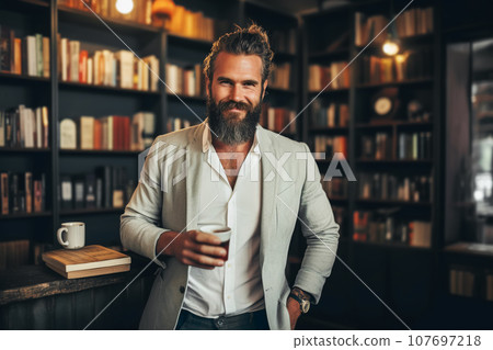 Brutal bearded man drinks cofee in bookstore Brutal bearded man drinks cofee in bookstore 107697218