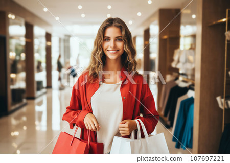Happy blonde woman with shopping bags in glowing shopping center. Buying Christmas gifts, sale, black Friday Happy blonde woman with shopping bags in glowing shopping center. Buying Christmas gifts, sale, black Friday 107697221