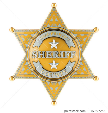 Sheriff Star Badge, front view. 3D rendering Sheriff Star Badge, front view. 3D rendering 107697253