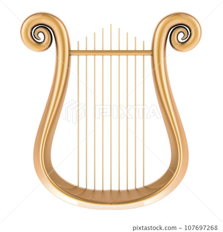 Golden lyre, front view. 3D rendering Golden lyre, front view. 3D rendering 107697268