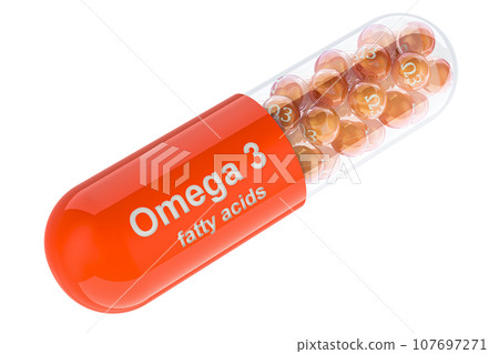 Vitamin Omega 3, fatty acids, capsule. 3D rendering 107697271
