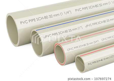Set of PVC pipes, composite pipe, uPVC pipe, cPVC pipe, 3D rendering 107697274