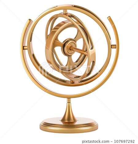 Gyroscope from golden, copper, bronze or brass. 3D rendering Gyroscope from golden, copper, bronze or brass. 3D rendering 107697292
