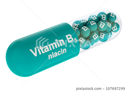 Vitamin B3 capsule, niacin. 3D rendering Vitamin B3 capsule, niacin. 3D rendering 107697299