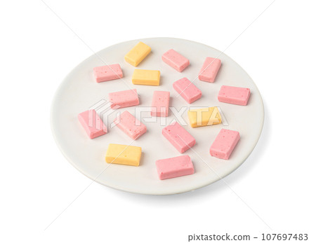 Fruit Chews Isolated, Pink Chewable Candies, Fruit Chew Candy Pile, Square Taffy, Colorful Gummy Candies Fruit Chews Isolated, Pink Chewable Candies, Fruit Chew Candy Pile, Square Taffy, Colorful Gummy Candies 107697483