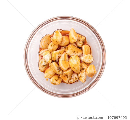 Pickled Garlic, Fermented Garlic Cloves with Red Chili Pepper, Hot Pickle Vegetable, Spices Garlic Cloves 107697493