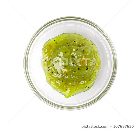 Green Jam Isolated, Sweet Kiwi Confiture in Bowl, Gooseberry Marmalade, Green Tomato Jam 107697630