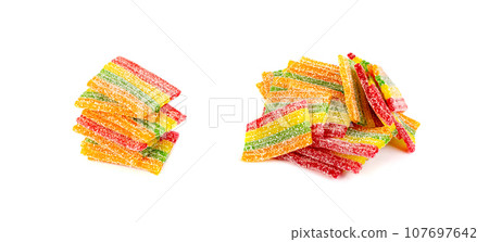 Gummy Candy Pile Isolated, Chewing Colorful Marmalade Sticks, Jelly French Fries Heap, Gelatin Candies 107697642