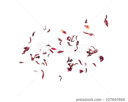 Dry Hibiscus Tea Isolated, Dry Rose Petals, Fruit Red Tea, Karkade Leaves, Dried Herbal Drink, Roselle Petal 107697669
