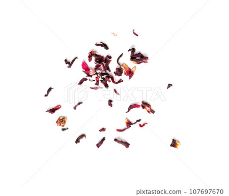 Dry Hibiscus Tea Isolated, Dry Rose Petals, Fruit Red Tea, Karkade Leaves, Dried Herbal Drink, Roselle Petal Dry Hibiscus Tea Isolated, Dry Rose Petals, Fruit Red Tea, Karkade Leaves, Dried Herbal Drink, Roselle Petal 107697670