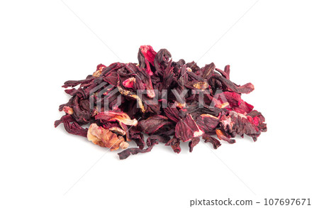 Dry Hibiscus Tea Isolated, Dry Rose Petals, Fruit Red Tea, Karkade Leaves, Dried Herbal Drink, Roselle Petal 107697671