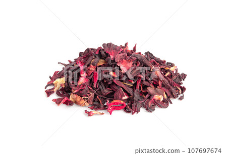 Dry Hibiscus Tea Isolated, Dry Rose Petals, Fruit Red Tea, Karkade Leaves, Dried Herbal Drink, Roselle Petal 107697674