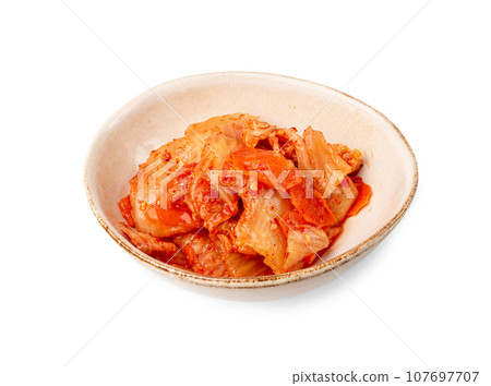 Kimchi Isolated, Kimchee in White Bowl, Red Spicy Kim Chi, Hot Fermented Napa Cabbage, Traditional Jimchi 107697707