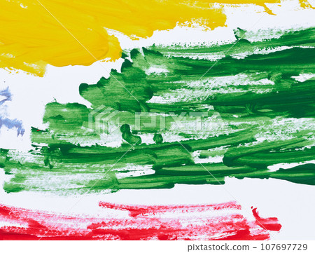 Strokes of green, yellow and red acrylic paint 107697729