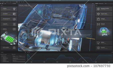 Tablet computer screen shows 3D visualization of car diagnostics software 107697730
