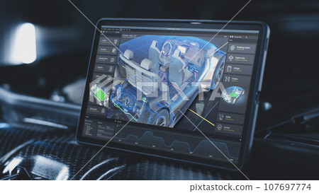 Tablet computer screen shows 3D visualization of car diagnostics software Tablet computer screen shows 3D visualization of car diagnostics software 107697774
