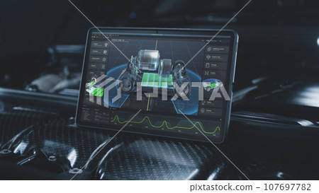Tablet computer screen shows 3D visualization of car diagnostics software 107697782