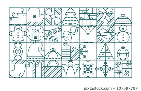 Line Christmas elements grid for banner, card, background. Vector simple outline star, gift box, spruce. Line Christmas elements grid for banner, card, background. Vector simple outline star, gift box, spruce. 107697797