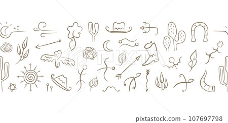 Hand Drawn boho wild west elements. Seamless banner with animals, birds, arrows, plants, symbols. 107697798