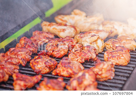 Cooking meat on the grill. Picnic, street food. Dinner. 107697804