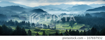 Mysterious fog over the forest tops at dawn Mysterious fog over the forest tops at dawn 107697932