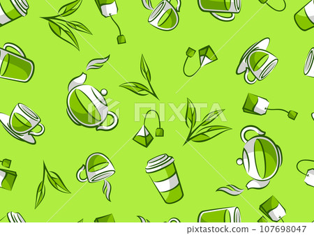 Pattern with green tea items. Background with tea and accessories, packs and kettles. Pattern with green tea items. Background with tea and accessories, packs and kettles. 107698047